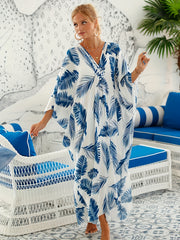 Leaf Print Cover Up Dress V Neck Bat Sleeve Vacation Wear