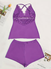 Lace Stitching Pajama Set V Neck Cami & Shorts