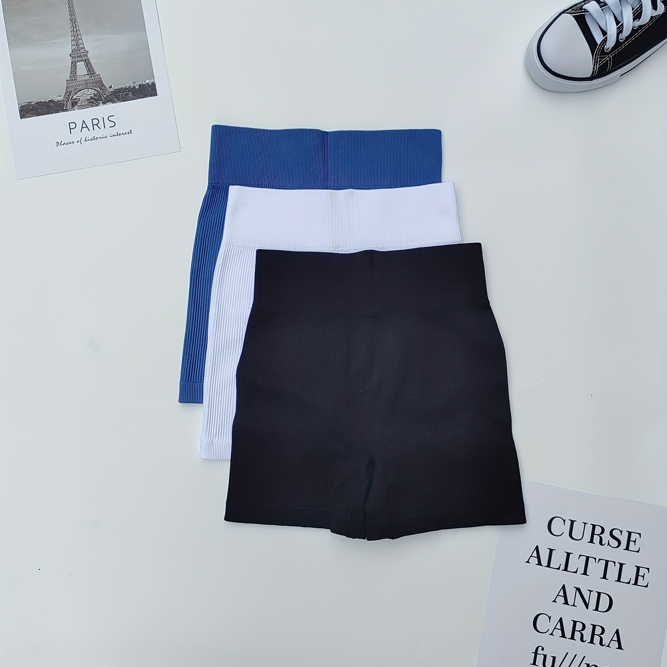 3pcs High Waist Yoga Shorts Rib Knit Plain Butt Lifting Tummy Control Sporty Sho