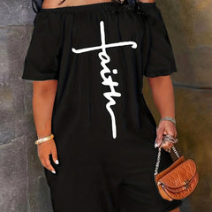 Faith Letter Embroidered Jumpsuit Off Shoulder Short Sleeve