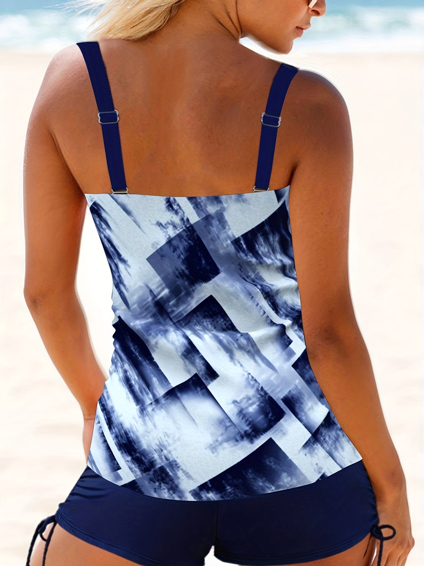 Modest Tankini Set Tie Dye Cami Top & Lace Up Shorts Bathing Suit