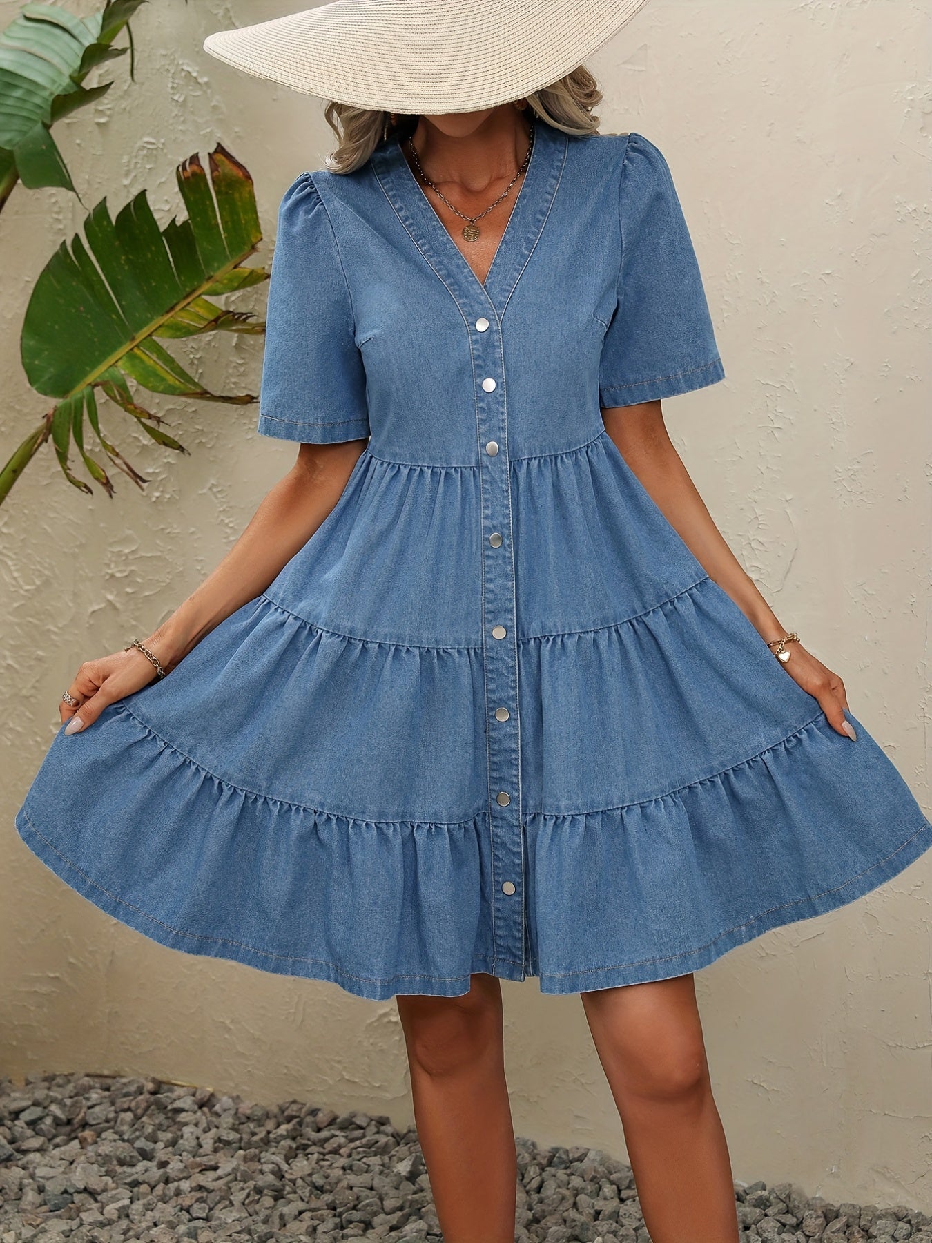 V Neck Denim Dress Single Breasted Button Puff Short Sleeves Ruffle Denim Dress