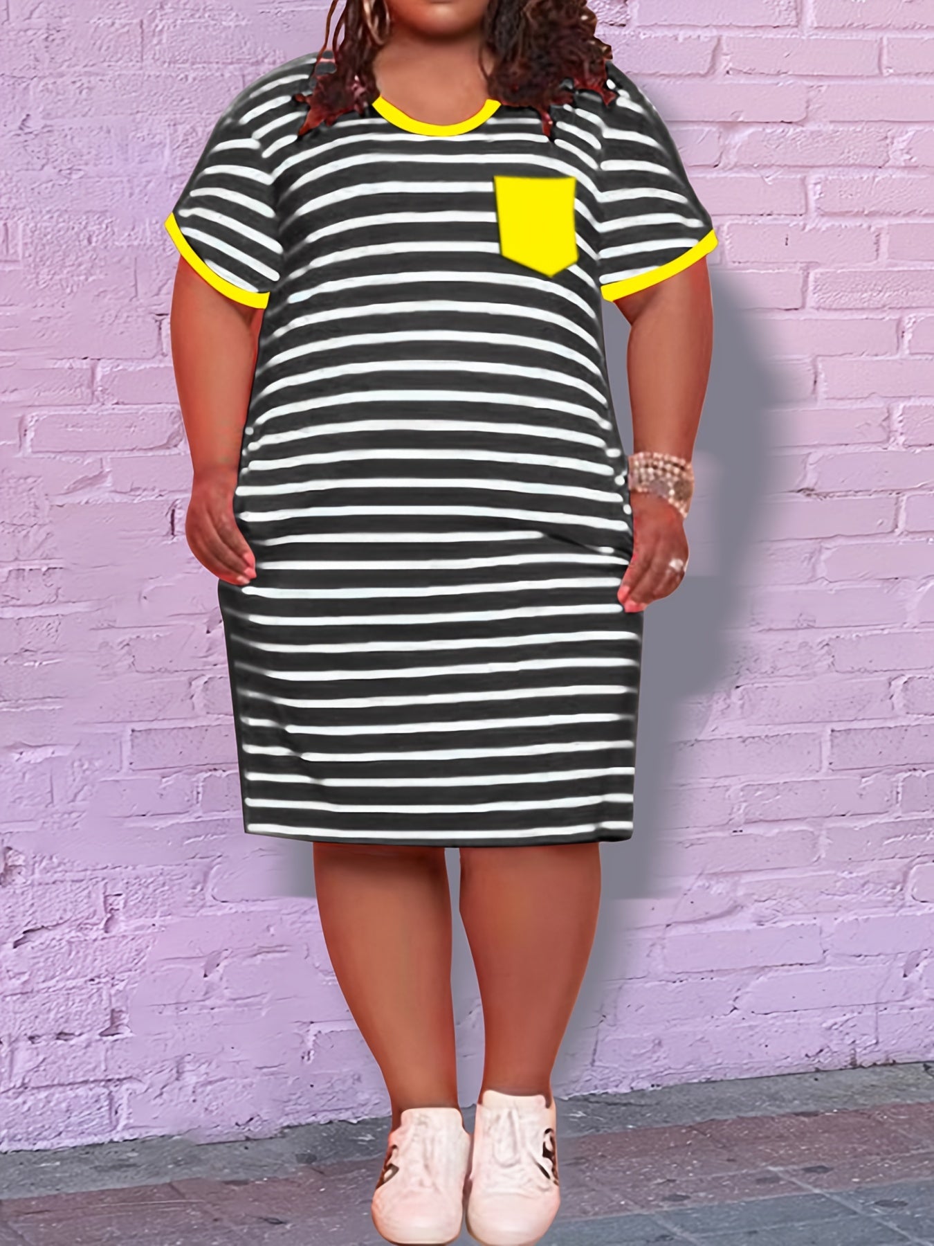 Strip Print Midi Dress With Pockets Plus Size