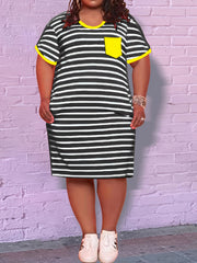 Strip Print Midi Dress With Pockets Plus Size