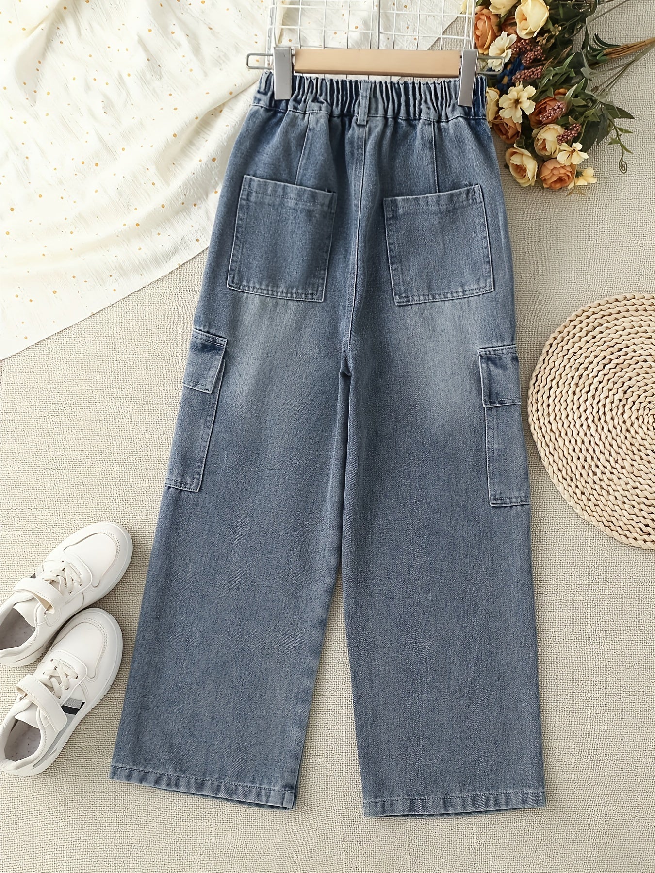 Girls Casual Baggy Fit Cargo Jeans Wide Leg Denim Pants