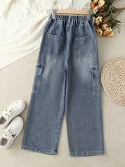 Girls Casual Baggy Fit Cargo Jeans Wide Leg Denim Pants