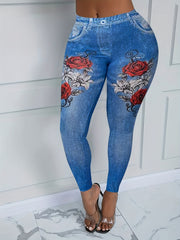 Floral & Denim Print Skinny Leggings Long Length Casual Pants Women's Clothing