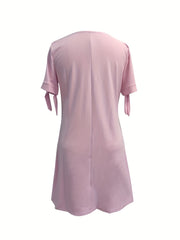 Lace Trim V Neck Dress Short Sleeve Casual Dress For Summer & Spring