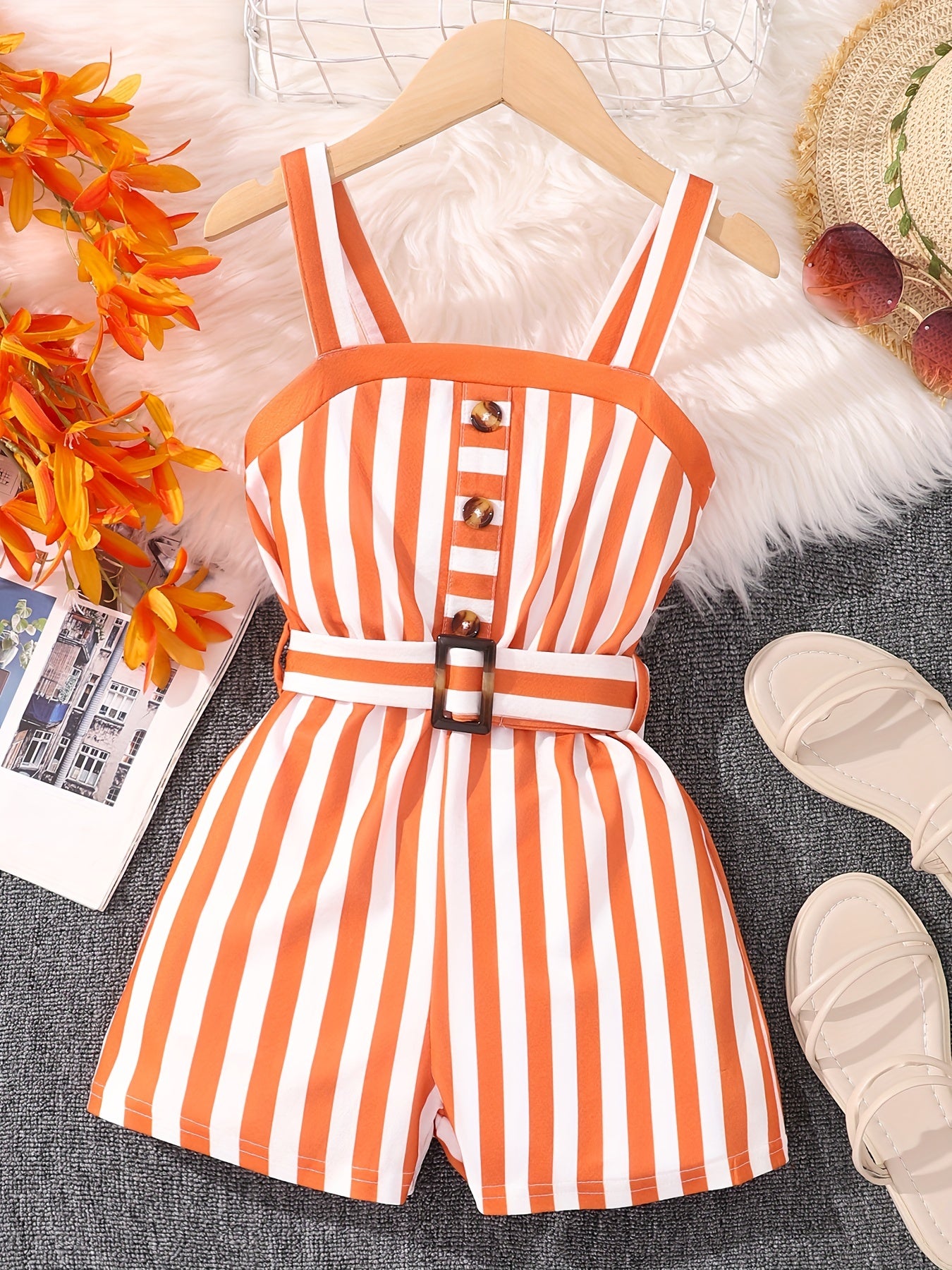 Girls Striped Print Cami Romper Shorts Jumpsuit for Vacation