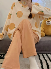Fruit Print Pajama Set Long Sleeve Top & Pants Women's Sleepwear