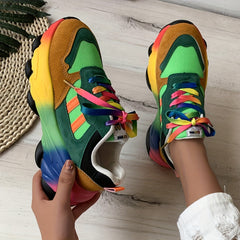 Women's Rainbow Chunky Sneakers Lace-Up Low Top Sports Shoes