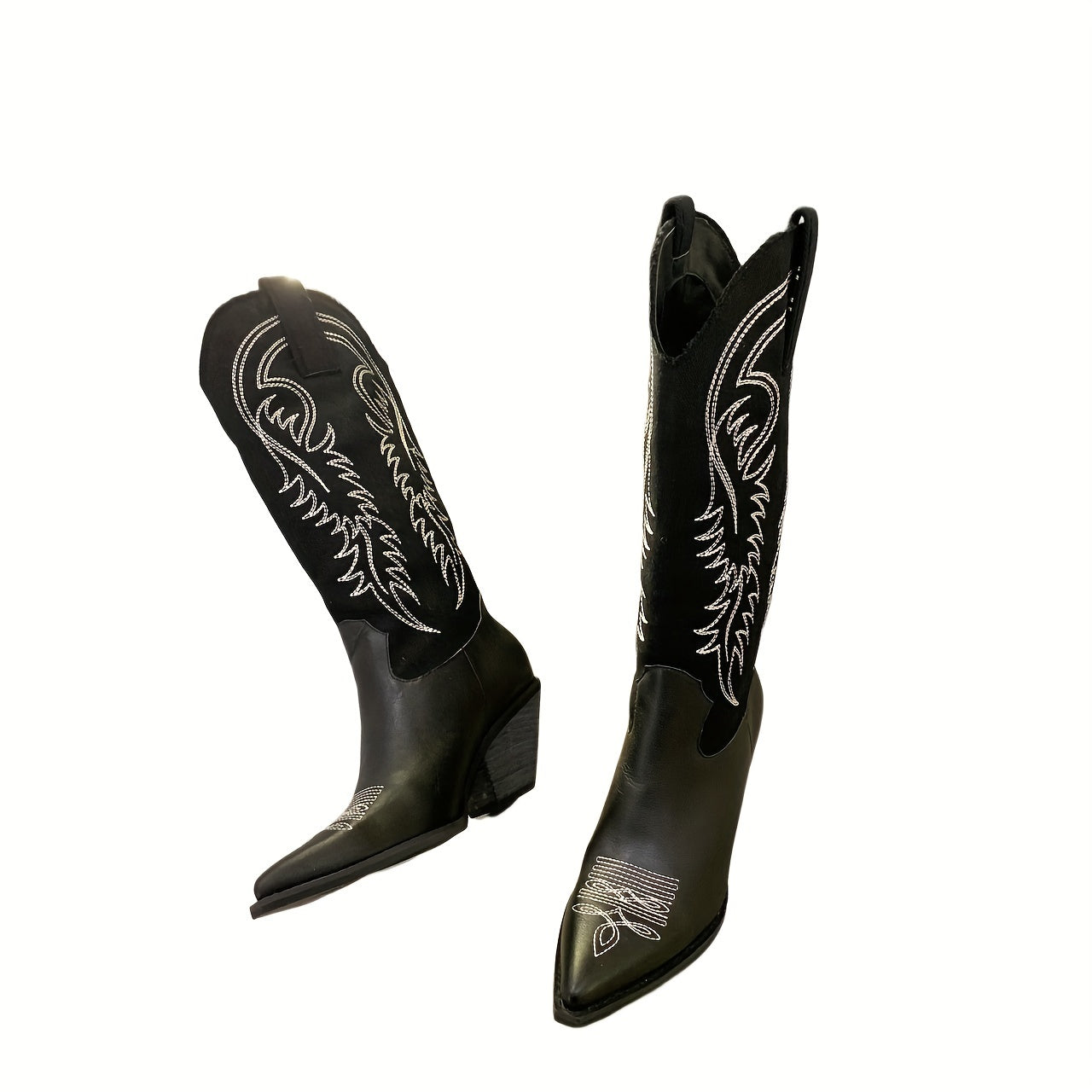 Embroidered Cowboy Boots Point Toe Chunky Heel Slip On Western Boots