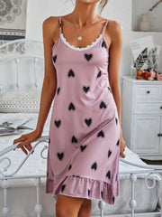 Heart Print Slip Nightdress Lace Trim Round Neck Ruffle Sleep Dress Women's Slee