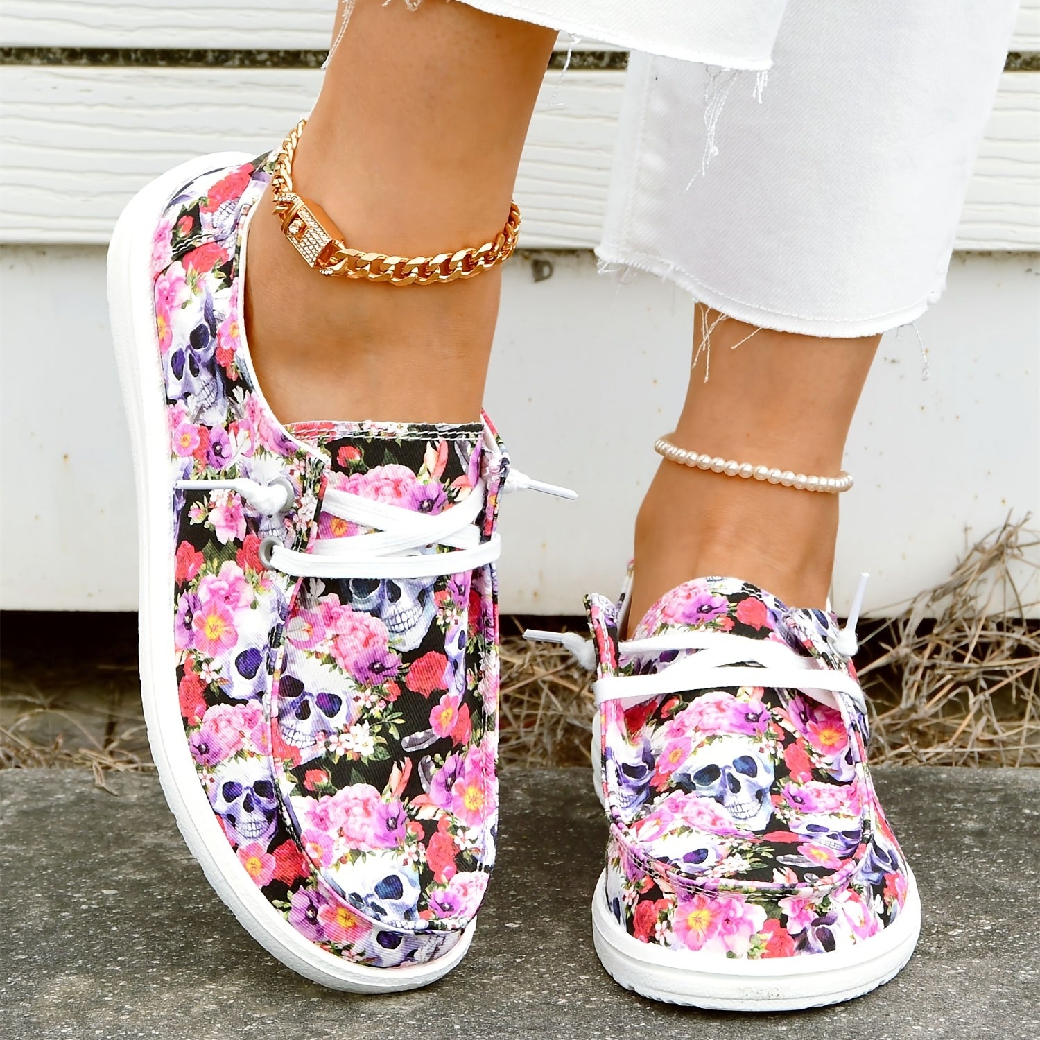 Floral & Skull Canvas Shoes Lace Up Low Top Halloween Sneakers