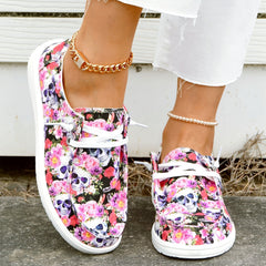 Floral & Skull Canvas Shoes Lace Up Low Top Halloween Sneakers