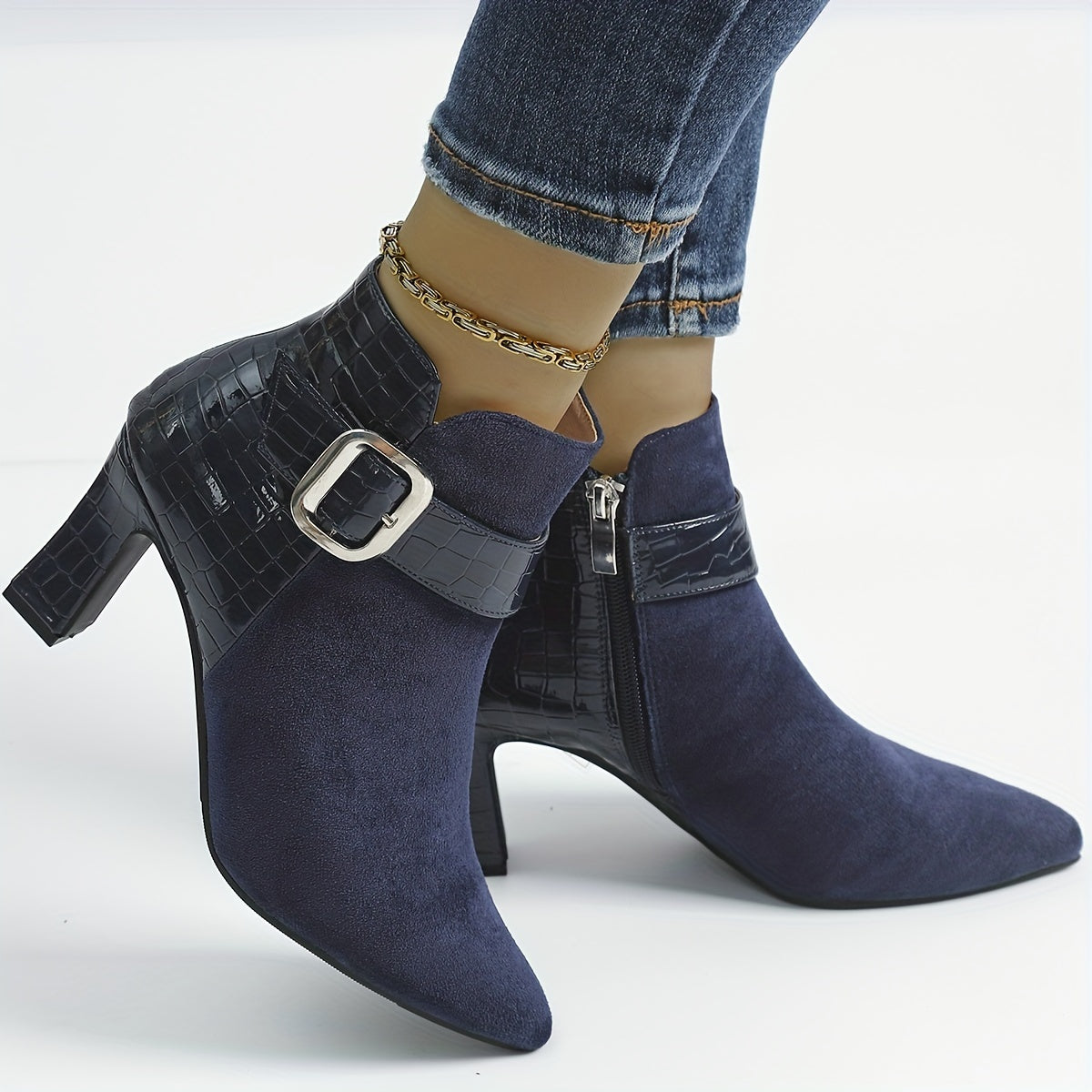 Women's Patent Leather Boots Point Toe Side Zipper Buckle Cone Heel Shoes