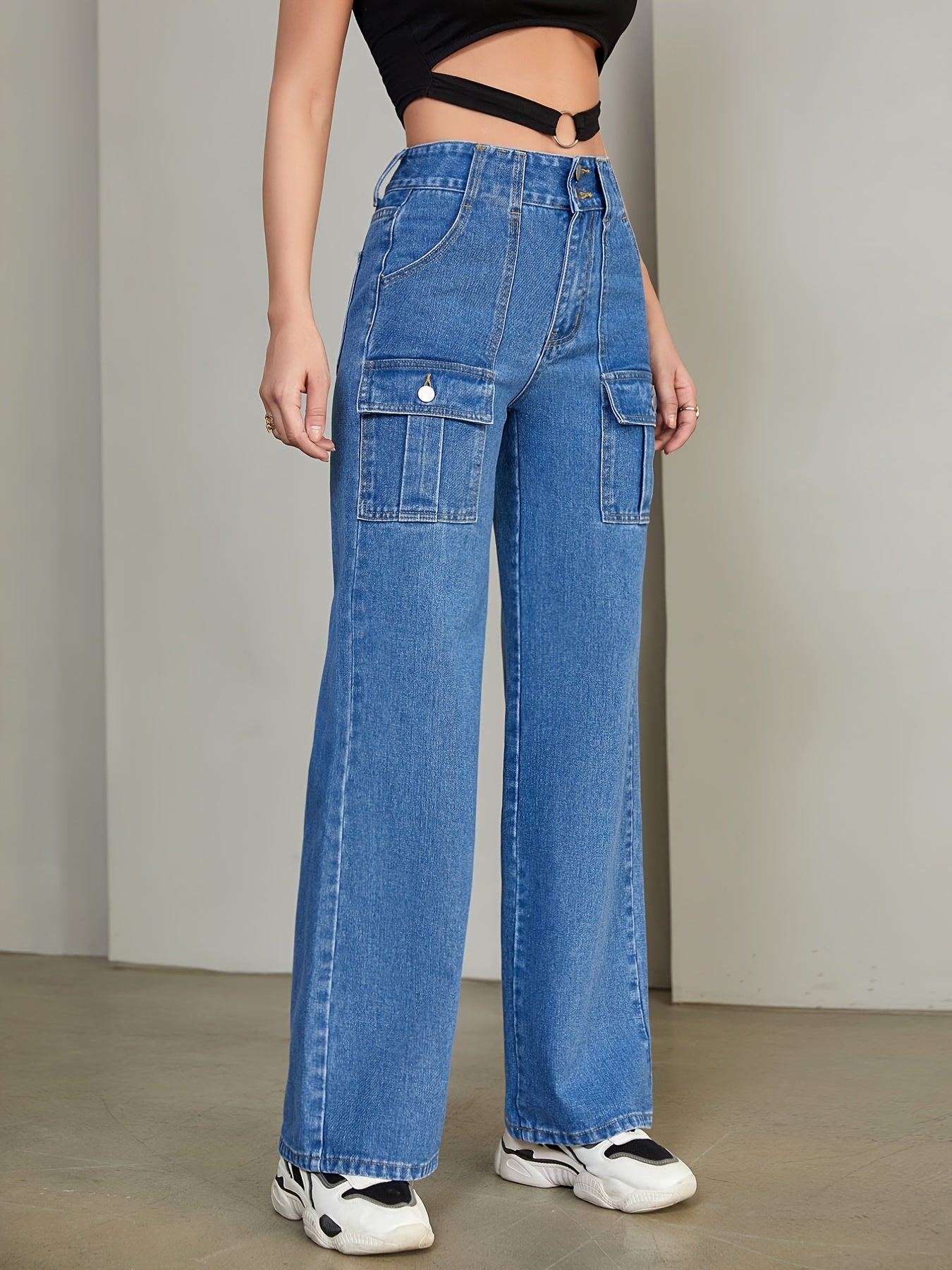 Flap Pockets Straight Jeans Loose Fit High Waist Non Stretch Denim Pants