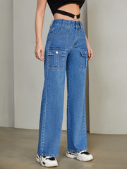 Flap Pockets Straight Jeans Loose Fit High Waist Non Stretch Denim Pants