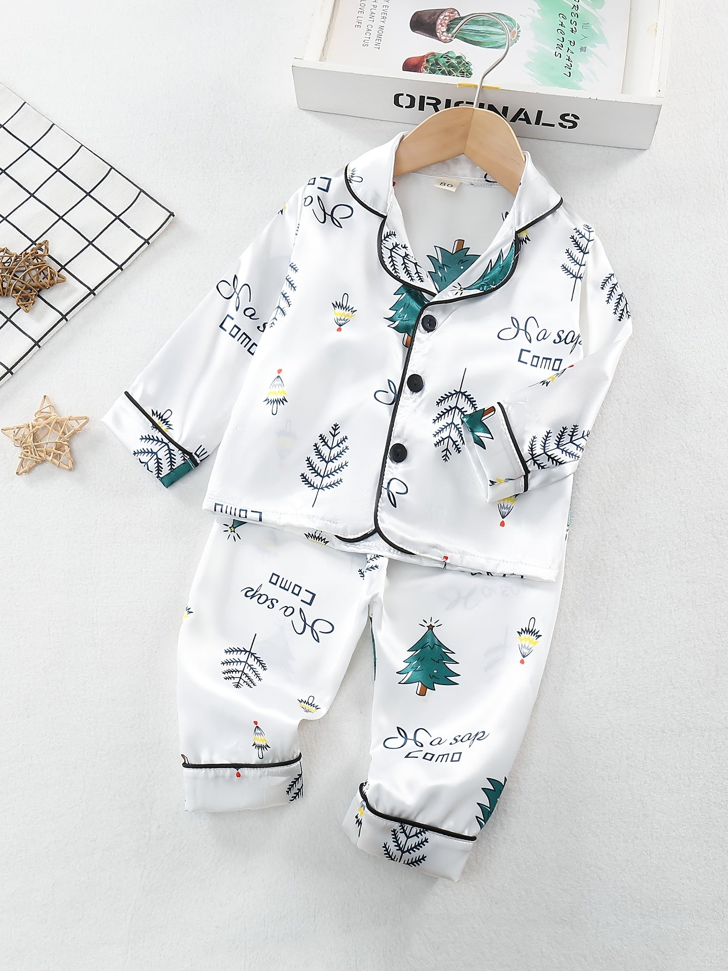 Girl's Satin Christmas Tree Pajama Set Button Front Top & Pants