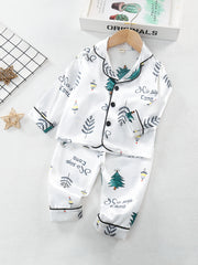 Girl's Satin Christmas Tree Pajama Set Button Front Top & Pants
