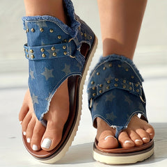 Women's Denim Sandals Back Zipper Open Toe Thong Sandals