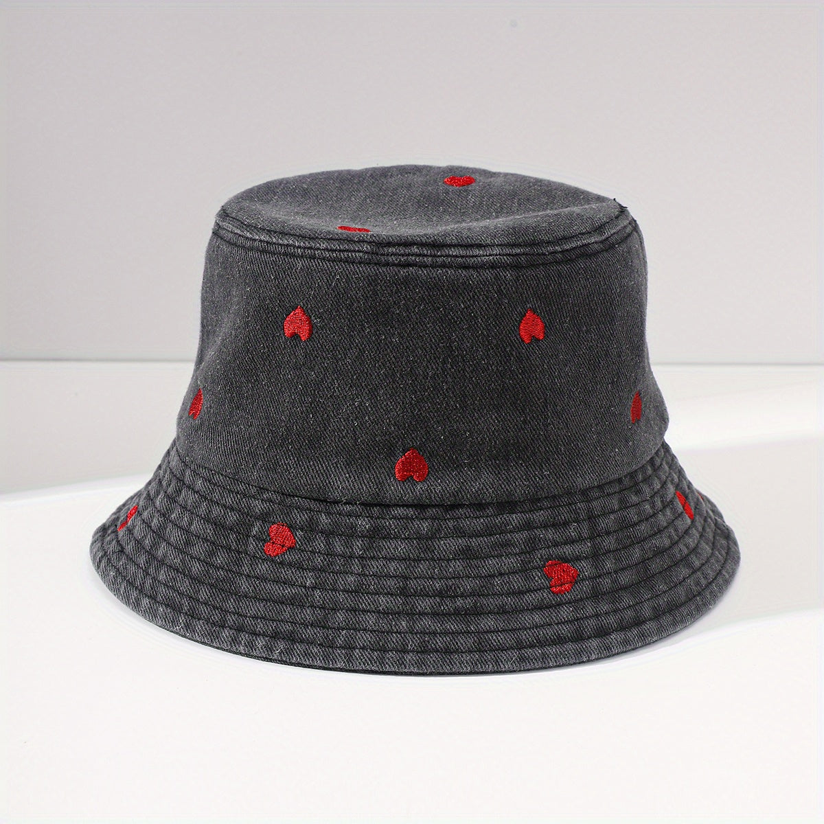Heart Embroidered Bucket Hat Washed Distressed Denim Fisherman Cap