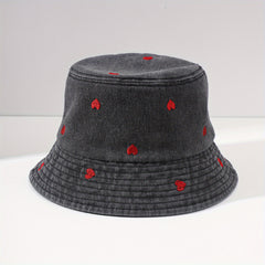 Heart Embroidered Bucket Hat Washed Distressed Denim Fisherman Cap