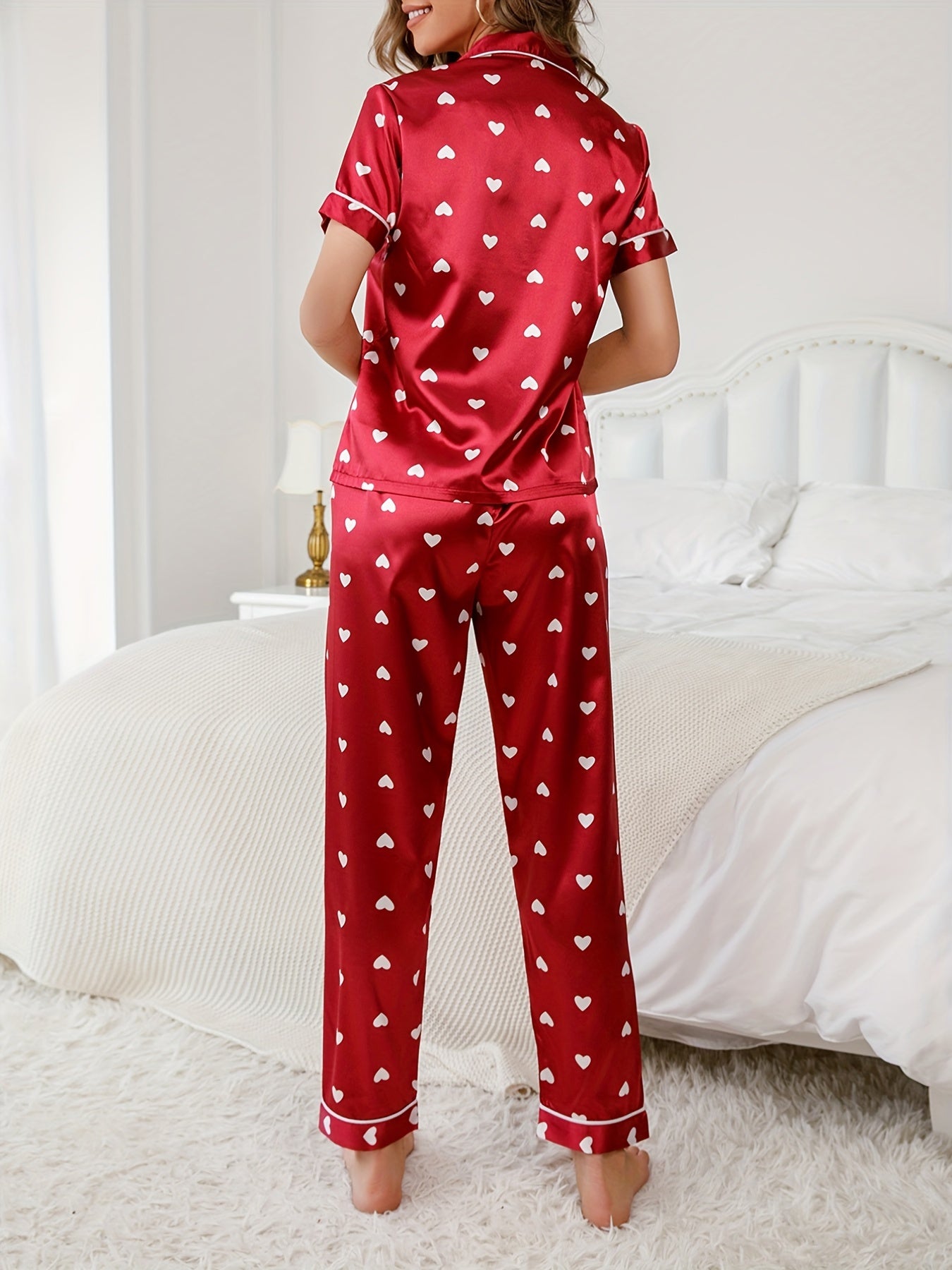 Heart Print Satin Pajama Set Short Sleeve Top & Long Pants Women's Loungewear