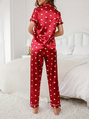 Heart Print Satin Pajama Set Short Sleeve Top & Long Pants Women's Loungewear