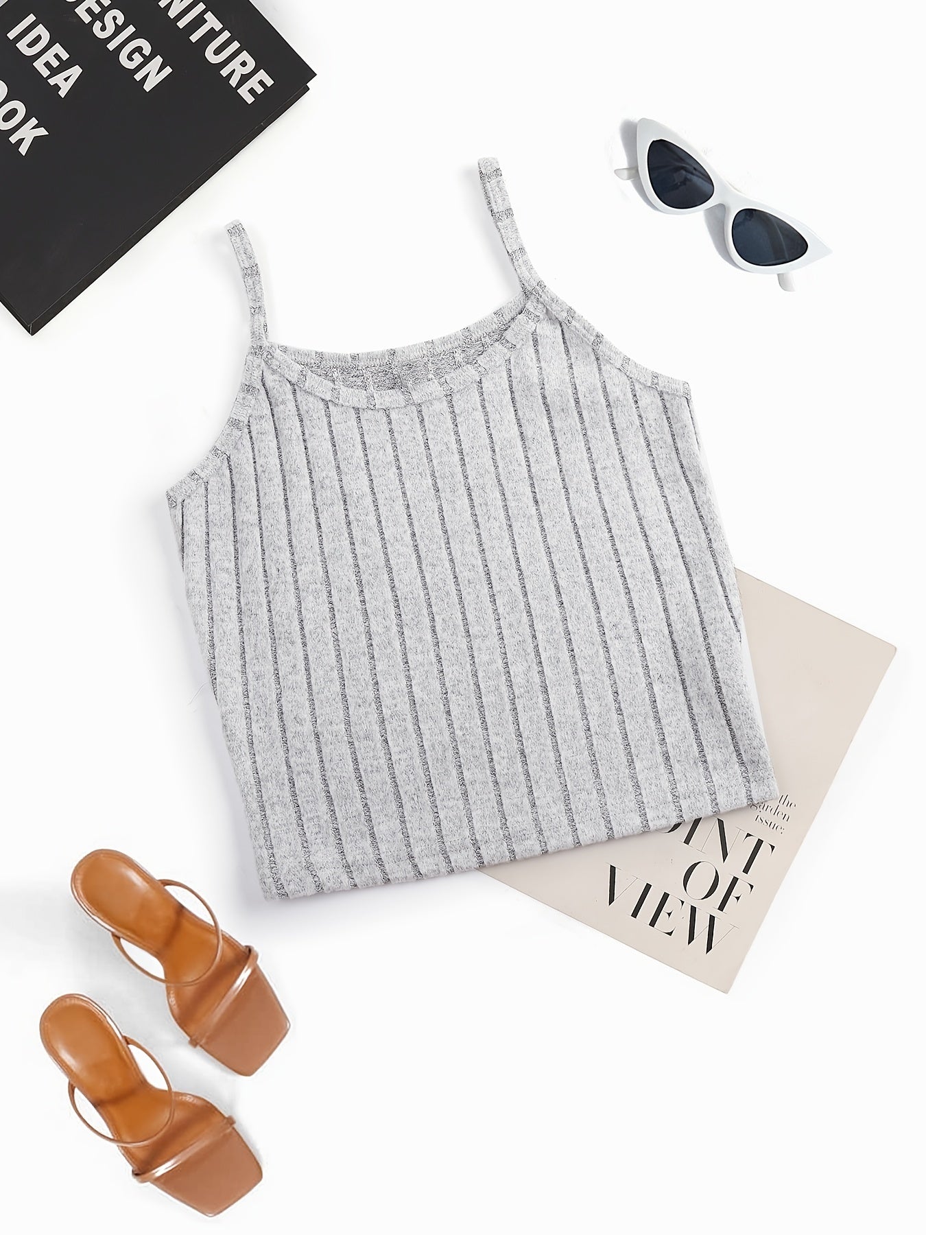 Solid Ribbed Spaghetti Strap Top Sleeveless Cami Top For Summer