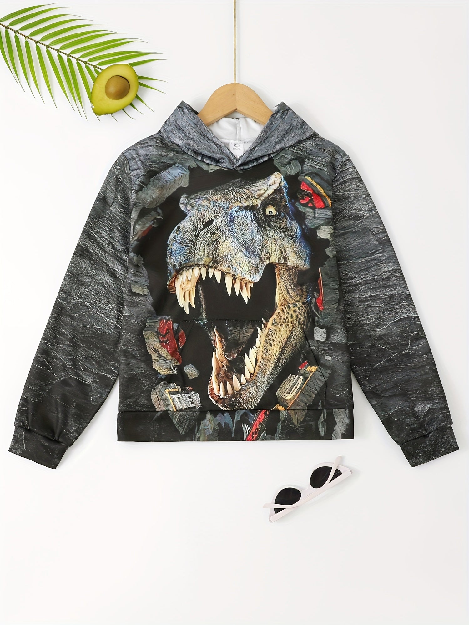 3D Dinosaur & Broken Brick Print Kid's Hoodie Pullover for Spring Fall Winter