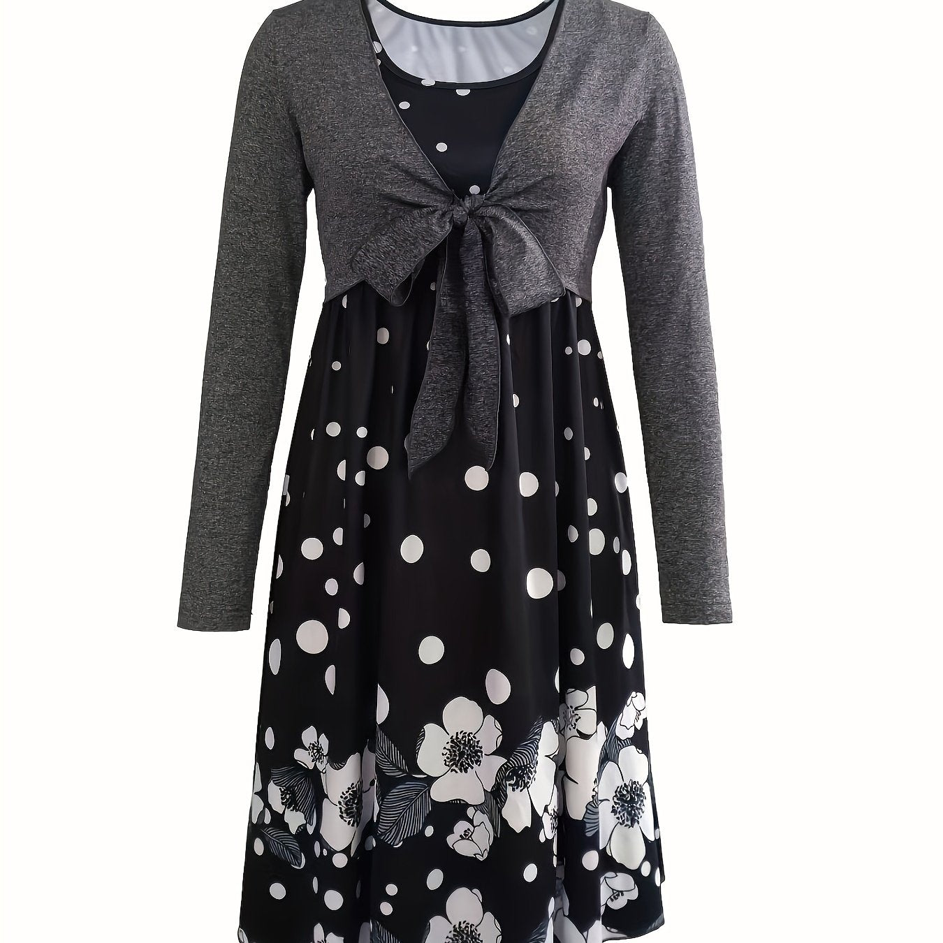 Solid Knotted Tops & Floral Print Dress Outfits Women's Clothing
