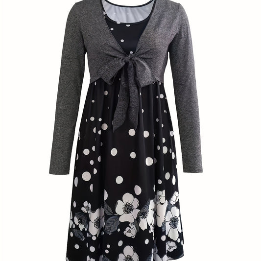 Solid Knotted Tops & Floral Print Dress Outfits Women's Clothing