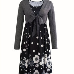 Solid Knotted Tops & Floral Print Dress Outfits Women's Clothing