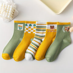 5 Pairs Floral & Bear Print Socks Mid Tube Women's Stockings Comfy Hosiery