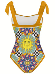 Graphic Print Tie Shoulder Swimsuit Set