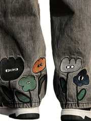 Floral Pattern Wide Leg Pants Men Street Style Jeans