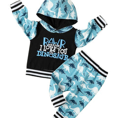 Boys Dinosaur Printed Hoodie & Pants Set Pop Casual Suit