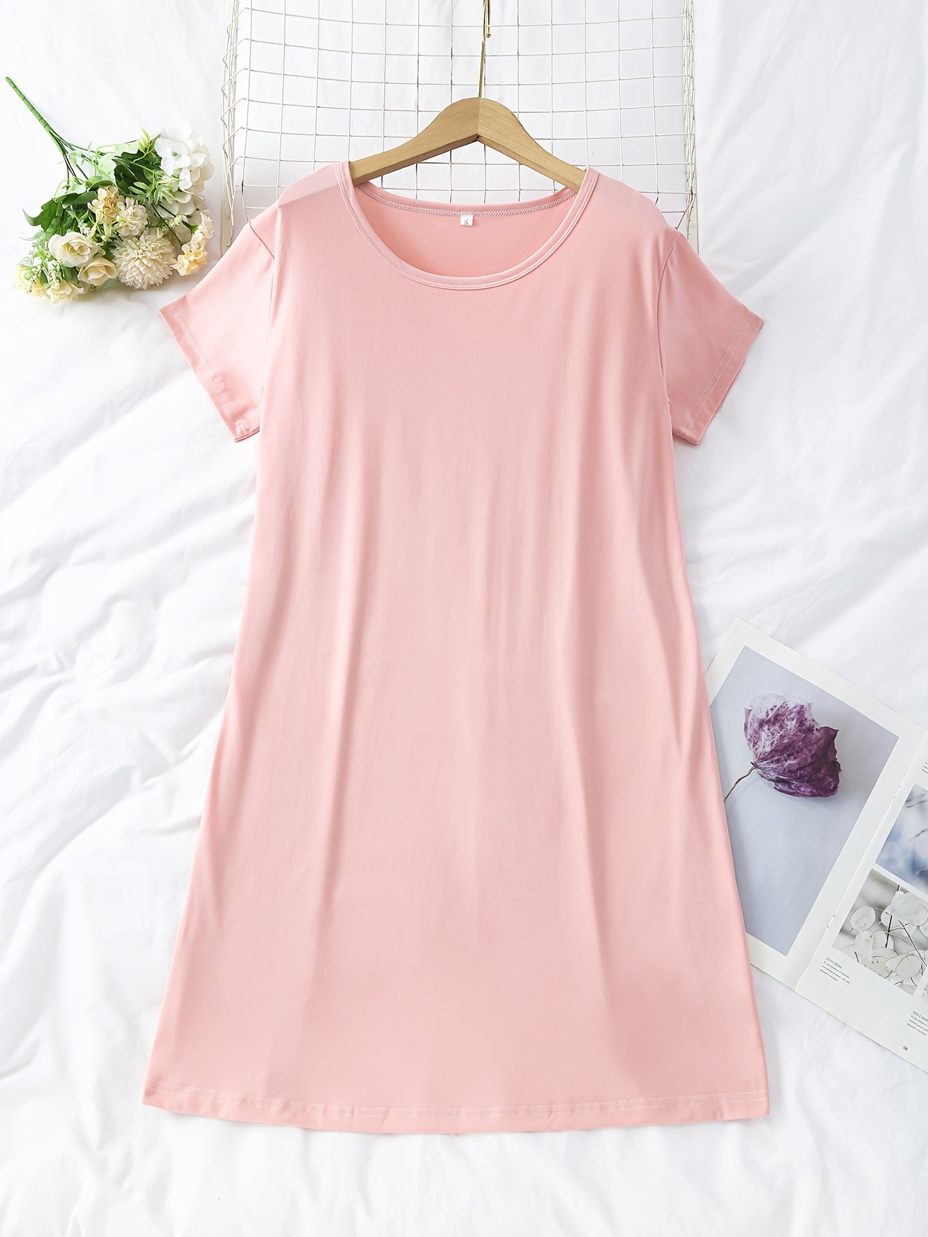 3pcs Solid NightDress Short Sleeve Crew Neck Pajama Dress