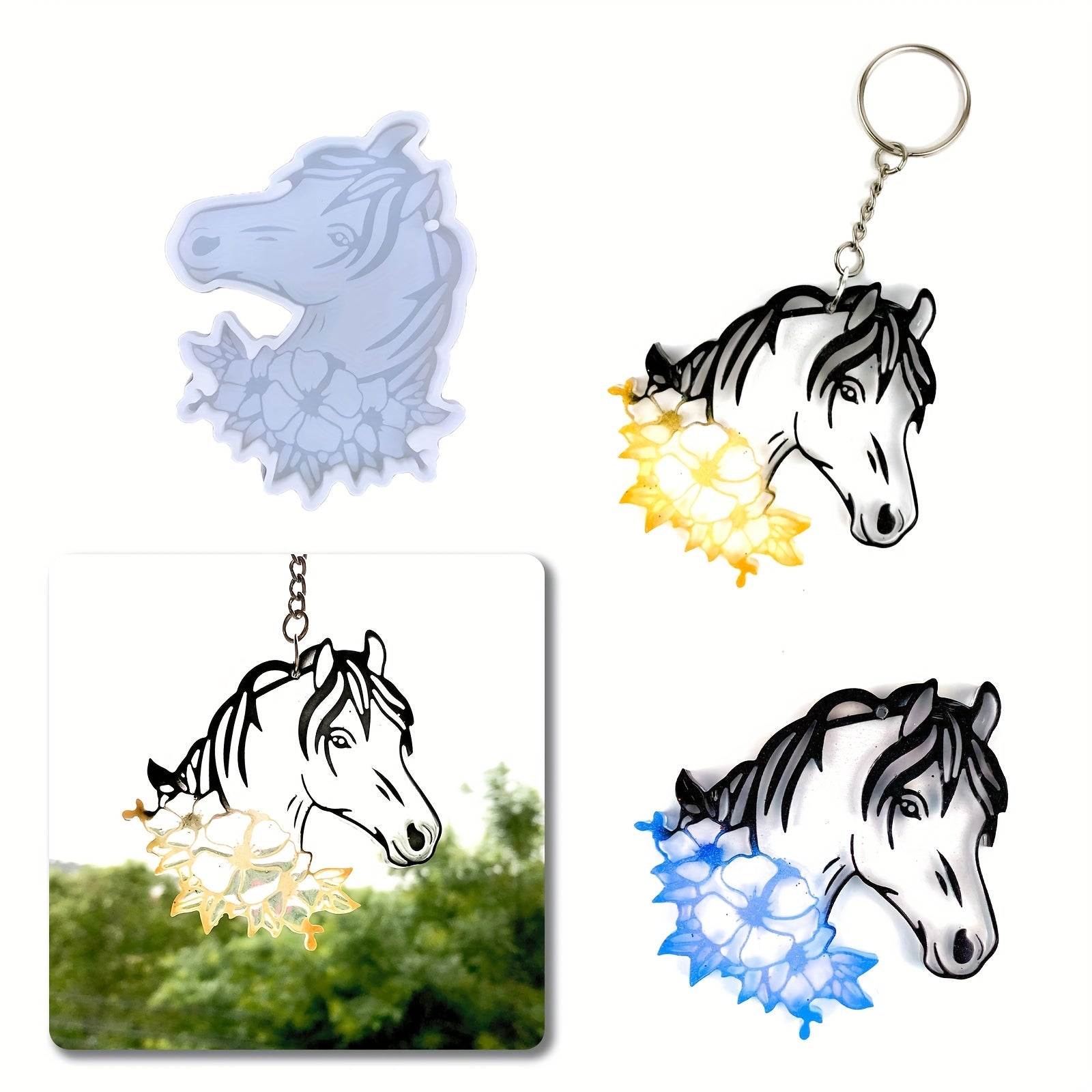 Epoxy Resin Horse Flower Keychain Pendant Silicone Mold Jewelry Making