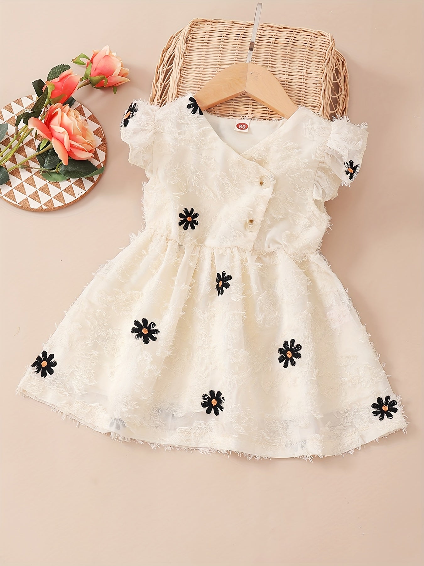 Baby Girls Floral Embroidery Ruffle Sleeve V neck Dress Clothes