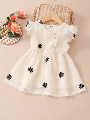 Baby Girls Floral Embroidery Ruffle Sleeve V neck Dress Clothes