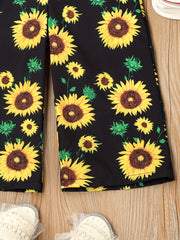 Girl's Sunflower Print Shirred Jumpsuit for Summer Vacation