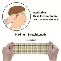 Vintage Plaid Headband Beige & Brown Checkered Pattern Elastic Fit