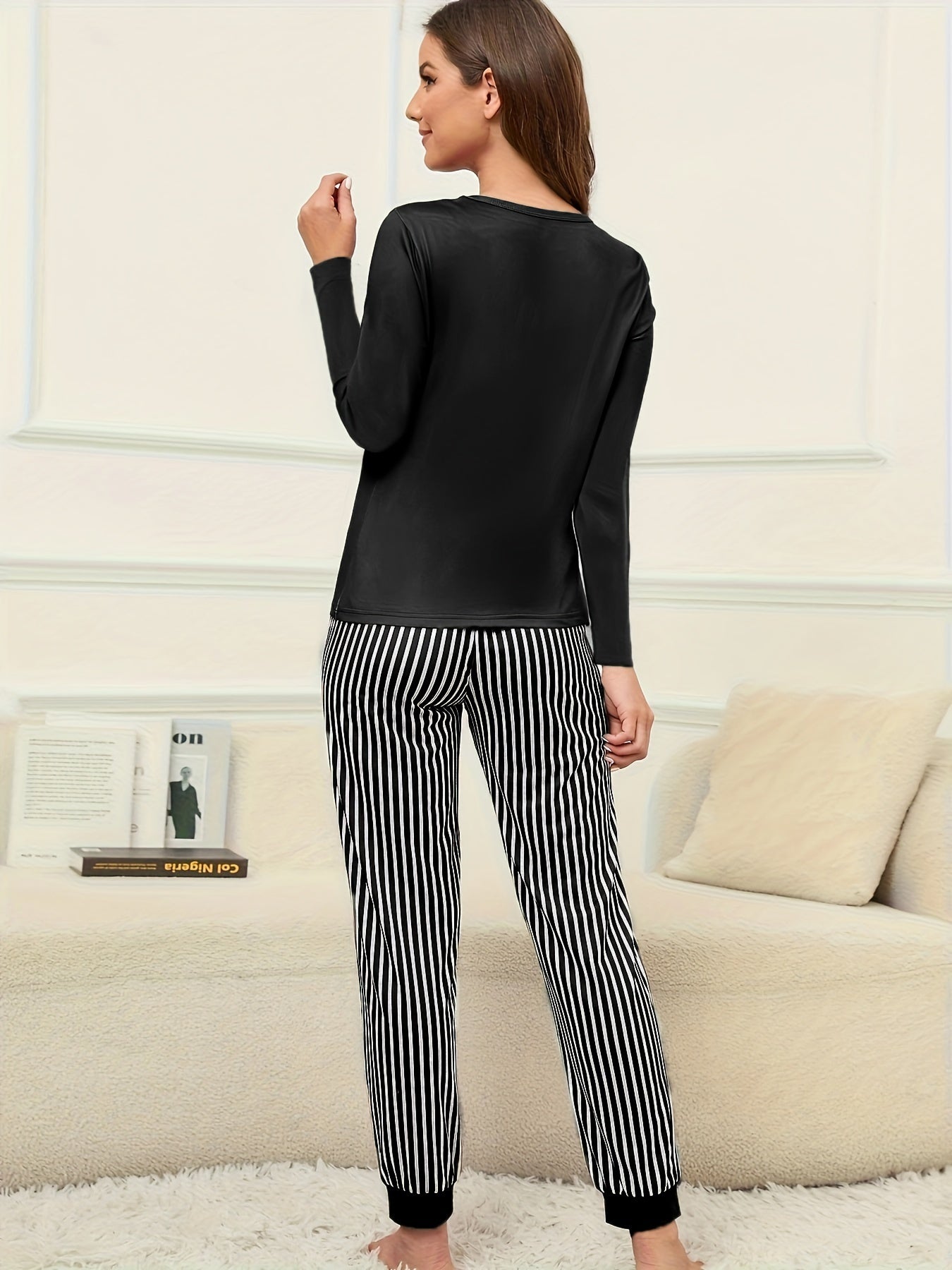 Women's Letter Print Lounge Set Long Sleeve Top & Striped Pants