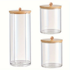 Acrylic Cotton Swab Holder Bamboo Lid Bathroom Makeup Organizers Storage Box