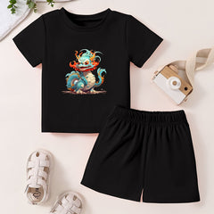 Toddler Cartoon Pattern 2pcs Set Short Sleeve T shirt & Matching Shorts