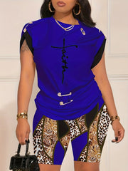 Faith Letter Print Tee & Geo Print Shorts Set