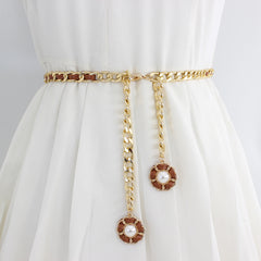 Women's Golden Waist Chain Faux Pearl Flower Pendant Dress Chain