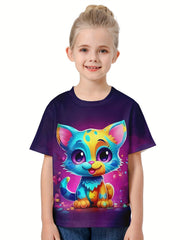 Kids 3D Cat Graphic Short Sleeve T-Shirt Breathable Summer Tops